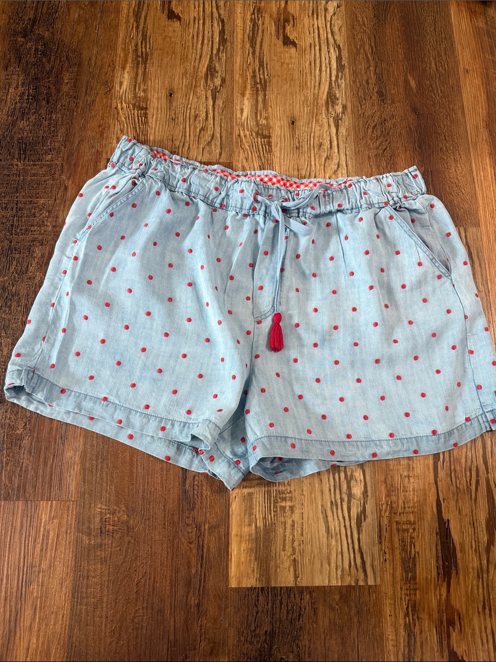 Matilda Jane Light Blue High-Waist Shorts with Red Polka Dots and Tassel